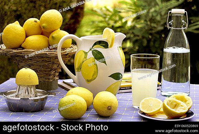 Outdoor table in garden, with lemons and pitcher of lemonade