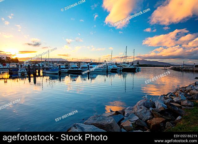 BERMAGUI, AUSTRALIA - April 13 2017: Bermagui Wharf on the Bermagui River in Bega Shire, New South Wales, Australia