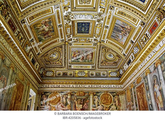 Ceiling paintings and golden wall decorations in the Sala Paolina, Pope's chamber, Castel Sant Angelo, museum, Rome, Lazio, Italy
