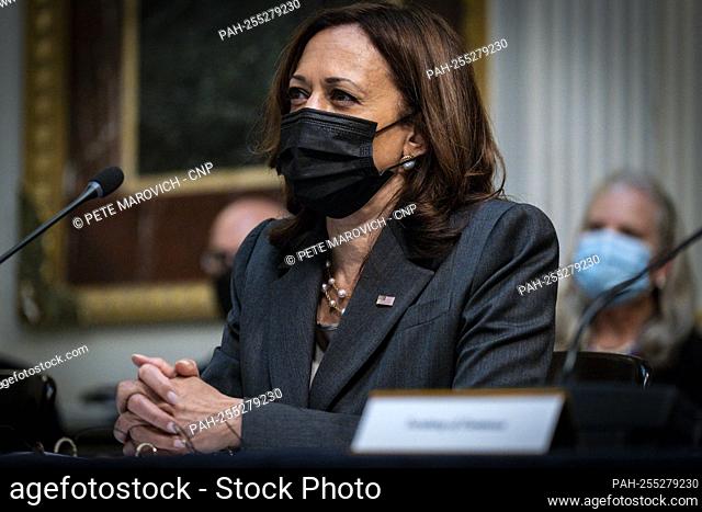 United States Vice President Kamala Harris looks on as Mexico Foreign Secretary Marcelo Ebrard, delivers opening remarks at the U.S