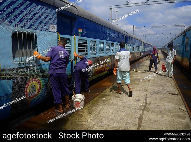 Railway workers are cleaning trains for the resumption of railway services which was not functioning for over 6 months because of lockdown due to the...