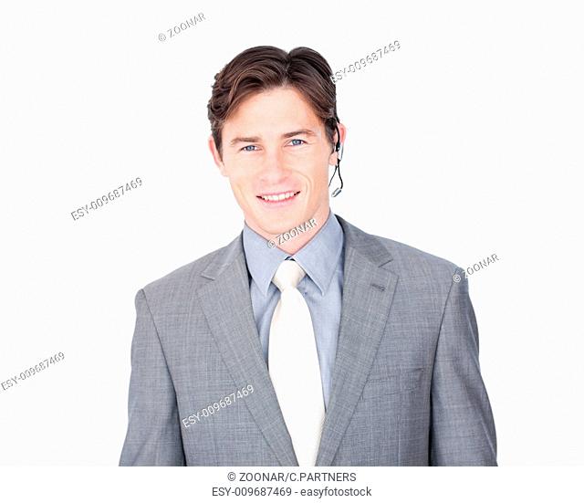 Assertive customer service agent with headset on against a white background