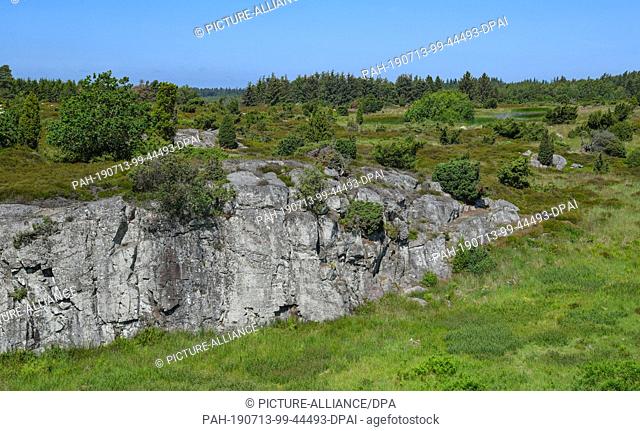 29 June 2019, Denmark, Nexö: The Paradisbakkerne, also known as Paradise Hills, Helvedesbakkerne or Hell Hills, are a rocky hilly landscape in the east of the...