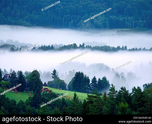 Magnificent heavy mist in landscape. Autumn creamy fog in countryside. Hill increased from fog, the fog is colored to gold and blue