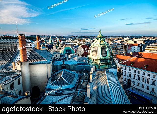 Prague, Czech Republic - August 18, 2017: High angle view of historic centre of Prague from Powder tower