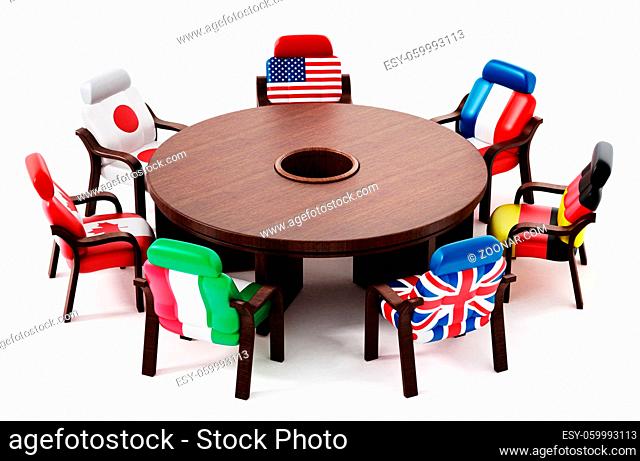 G7 flags standing around round table. 3D illustration