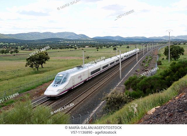 AVE High-speed train Madrid-Sevilla traveling along La Mancha. Puertollano, Ciudad Real province, Castilla La Mancha, Spain