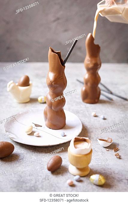Chocolate Easter bunnies filled with cinnamon milk