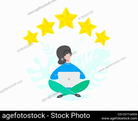 Review concept illustration. People characters holding gold stars. Women rate services and user experience using laptop. Five stars positive opinion