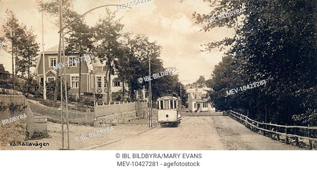 Karlskrona 1910s. A tram on Vallhallar oad. Karlskrona is Sweden's only baroque city and is host to Sweden's only remaining naval base and the HQ of the Swedish...