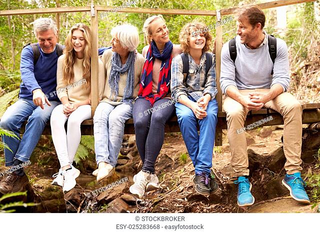 Family group sitting on a bridge in a forest, full length