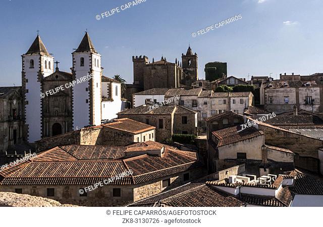 Caceres, Spain - july 13, 2018: Panoramic view of the Old Town, Santa Maria's Cathedral, romantic style of transition to Gothic, with some Renaissance elements
