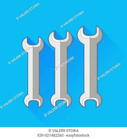 Set of Wrench Isolated on Blue Background. Long Shadow