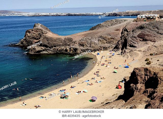 Papagayo beaches or Playas de Papagayo, Playa Blanca in the back, Lanzarote, Canary Islands, Spain