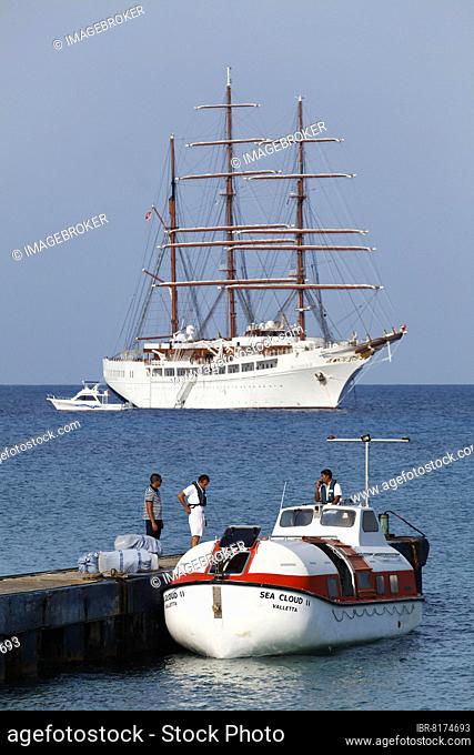 Cruise ship, dinghy, men, crew, at the jetty, aft tall ship, square sailer, three-master, cruise ship and barque, Seacloud II, white