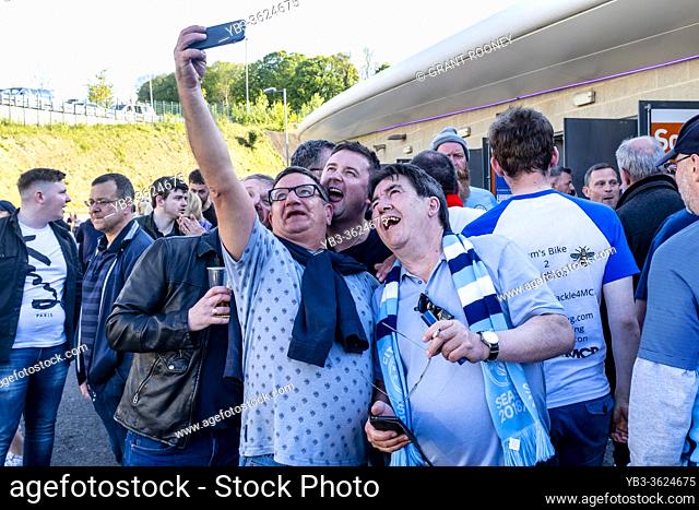 Manchester City Football Fans Celebrate Winning The Premier League Title In The Final Match of The 2018-2019 Season Against Brighton and Hove Albion At The Amex...