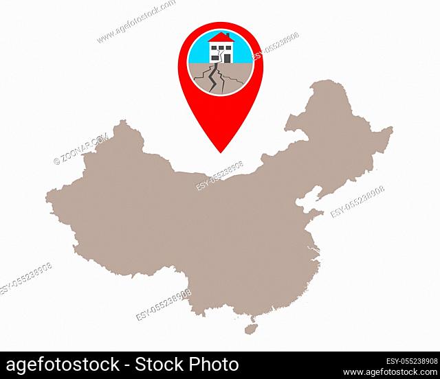 Karte von China und Pin mit Erdbebensymbol - Map of China and pin with earthquake symbol