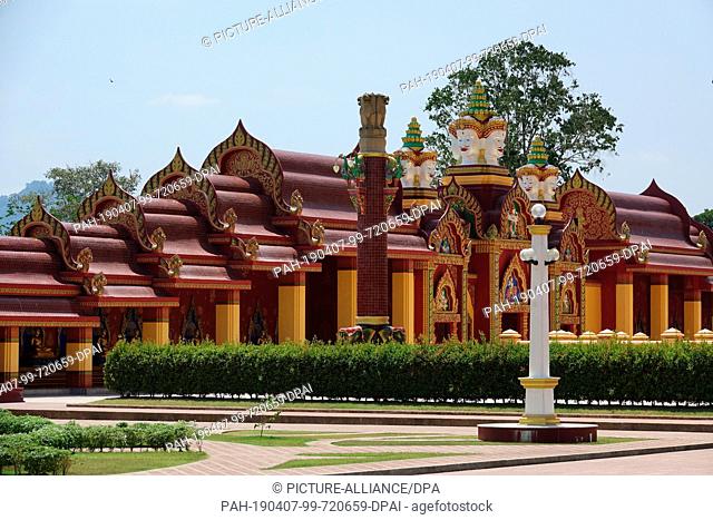 04 March 2019, Thailand, Ao Luek Distrikt: The estate and a lobby with pagodas in Wat Maha That Wachira Mongkol or also called Wat Bang Tong