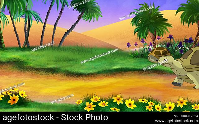 Big brown turtle walks in the oasis on a sunny summer day. Handmade 2D animation