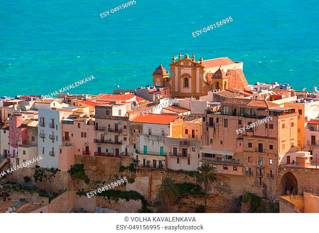 Beautiful aerial view of Sanctuary of Maria Santissima del Soccorso or Mother Church in coastal city Castellammare del Golfo in the morning, Sicily, Italy