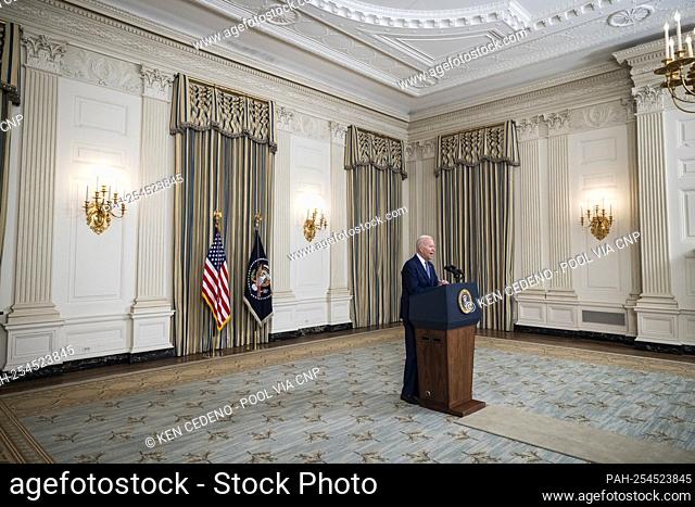 US President Joe Biden speaks to the media about the August jobs report in the State Dining Room of the White House in Washington, DC, USA, 03 September 2021