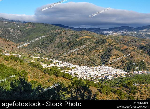 View of the white village of Tolox at Natural Park Sierra de las Nieves, Malaga Province. Andalusia. Southern Spain Europe