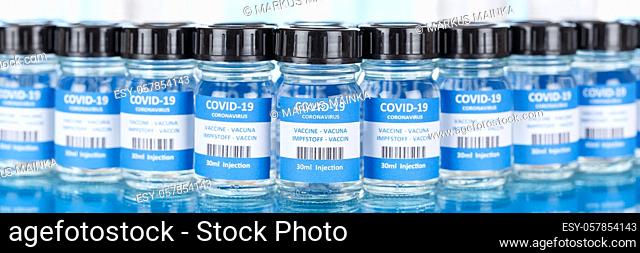 Coronavirus Vaccine bottle Corona Virus COVID-19 Covid vaccines panoramic view bottles