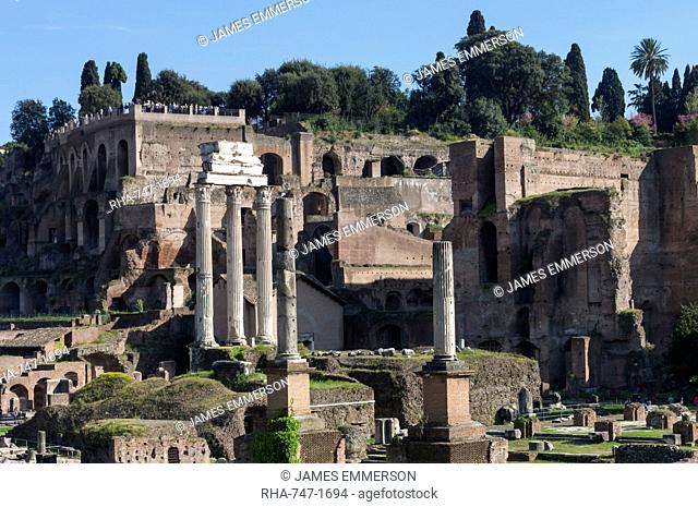 Ancient Roman Forum and the three columns of Temple of Castor and Pollux, UNESCO World Heritage Site, Rome, Lazio, Italy, Europe