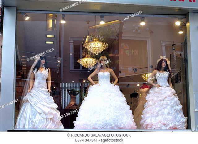 Turkey, Istanbul, View of Mannequin Wearing Wedding Dress, Through Shop Window