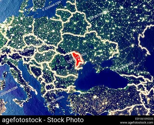 Moldova from space on Earth at night. Very fine detail of the plastic planet surface with bright city lights. 3D illustration