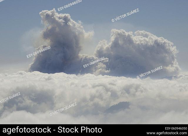 Sea of clouds with Pico Bejenado and smoke plumes from the Cumbre Vieja volcanic eruption. La Palma. Canary Islands. Spain