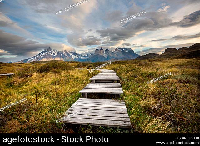 Beautiful mountain landscapes in Torres Del Paine National Park, Chile. World famous hiking region