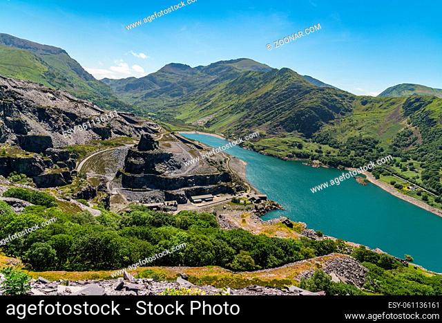 View from Dinorwic Quarry, near Llanberis, Gwynedd, Wales, UK - with Llyn Peris, the Dinorwig Power Station Facilities and Mount Snowdon in the background