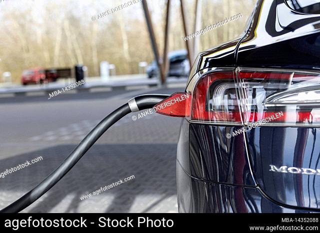 Detail of a Tesla Model S at the charging station in Germany