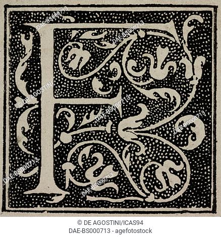 F, an ornate capital letter from Comedies de Terence, printed by Jean de Roigny, 1552, engraving from L'Art pour Tous, Encyclopedie de l'art industriel et...