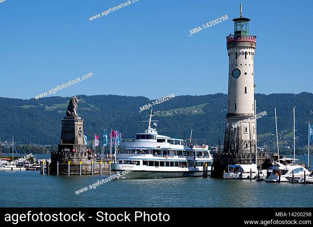 Germany, Bavaria, Swabia, Lake Constance, Lindau, Lindau am Bodensee, harbor, harbor entrance, Bayreischer Löwe, lighthouse