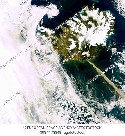 A heavy plume of ash from Iceland's Eyjafjallajoekull volcano is visible travelling over the Atlantic in this Envisat Medium Resolution Imaging Spectrometer...