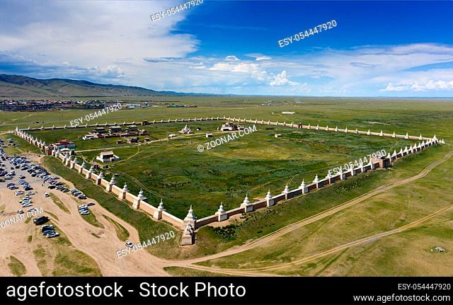 Aerial panorama view of the Kharkhorin Erdene Zuu Monastery .in Kharkhorin (Karakorum), Mongolia. Karakorum was the capital of the Mongol Empire between 1235...