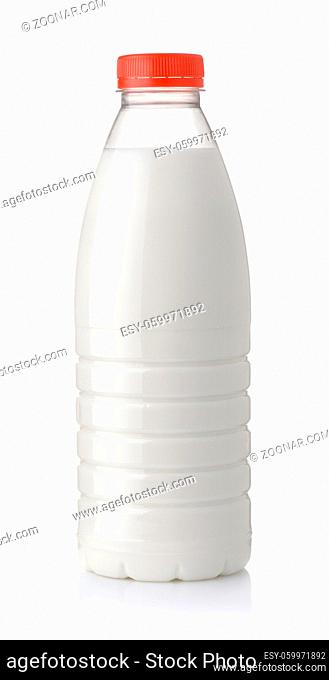 Front view of plastic one liter milk bottle isolated on white