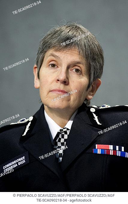 Cressida Dick, Commissioner of the Metropolitan Police in London during the press conference, Vatican City, ITALY-09-02-2018