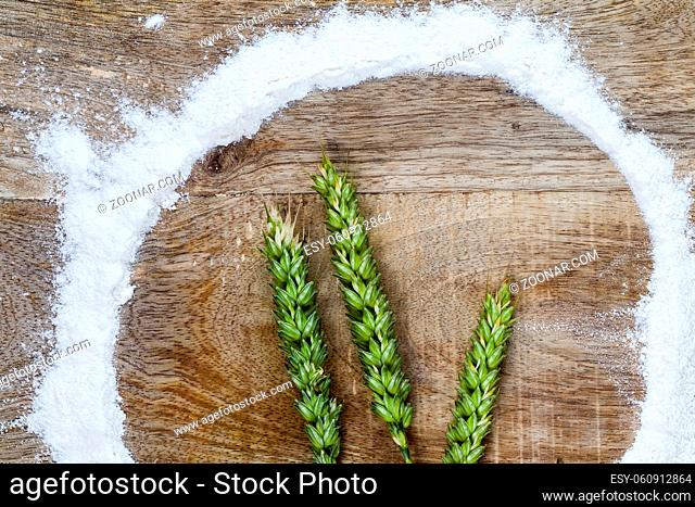 three green wheat ears lying on a wooden cutting board, a circle of white flour was poured around the plants, closeup