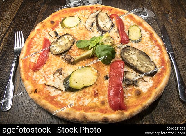 A vegetarian pizza on a plate on a wooden table