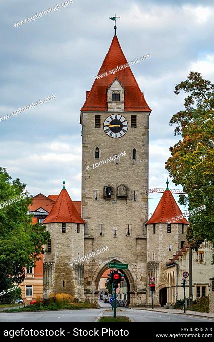 Historically east gate towers is part of town fortification of Regensburg, Germany