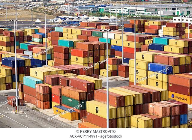 Top view of terminal with stacked shipping containers in the port of Civitavecchia, Lazio region, Rome Province, Italy, Europe