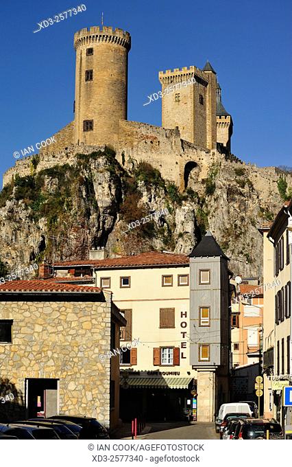 street scene with Chateau de Foix, Foix, Ariege Department, Midi-Pyrenees, France