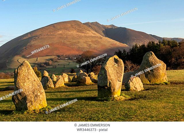 Castlerigg Stone Circle, Saddleback (Blencathra) behind, Keswick, Lake District National Park, UNESCO World Heritage Site, Cumbria, England, United Kingdom