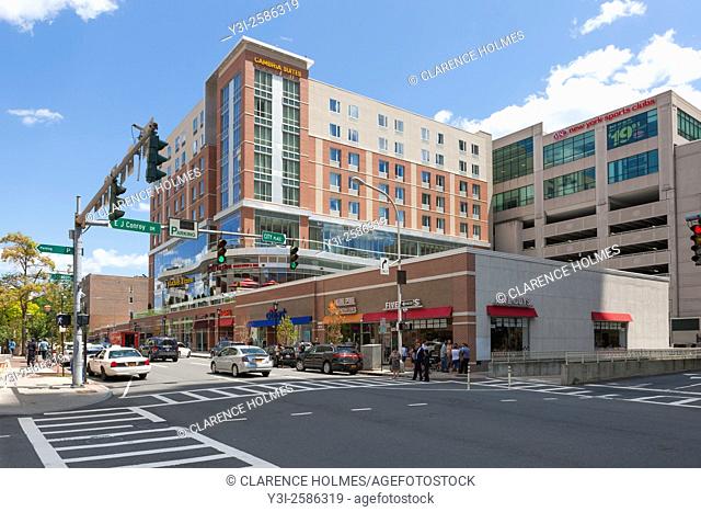 A view down Main Street towards the Cambria Suites mixed-use development in downtown White Plains, New York
