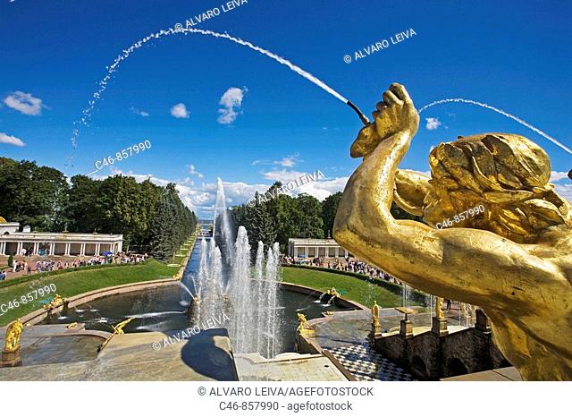 Golden statues and water works at Peterhof Park. Petrodvorets. St. Petersburg. Russia