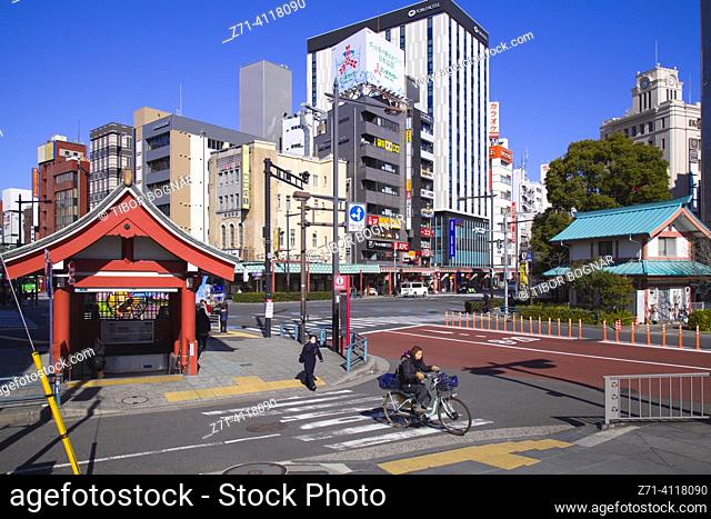Japan, Tokyo, Asakusa, skyline, Sumida River. The skyline of Asakusa, Tokyo, is dominated by the beautiful Sumida River, a wide river that winds its way through...