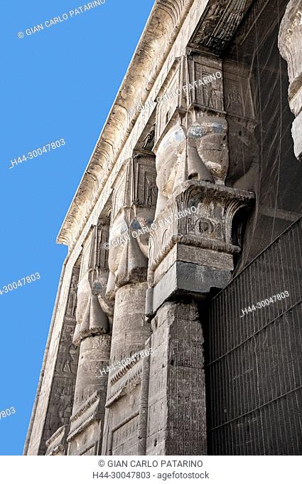 Dendera Egypt, ptolemaic temple dedicated to the goddess Hathor: hathoric columns